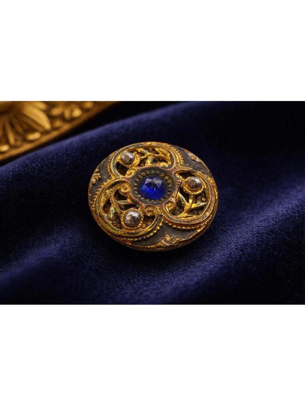 Victorian Button Cobalt Blue Facet Glass Jewel 1890's Brass Antique Hand painted
